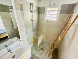 MaximinVilla 2 chambres, Jacuzzi et Piscine的一间带水槽和玻璃淋浴的浴室