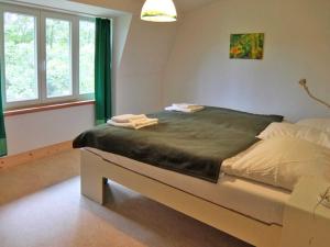 什未林Biohof Medewege的一间卧室配有一张带绿色窗帘的大床