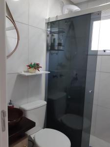 新彼得罗波利斯Apartamento Cantinho do Aconchego-Nova Petrópolis的浴室配有卫生间、淋浴和盥洗盆。