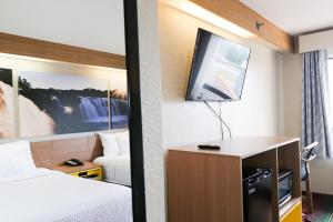 弗林特弗林特机场罗德威旅馆的一间酒店客房,配有一张床和一台电视