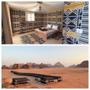 瓦迪拉姆Rum Under The Stars Camp的沙漠中卧室一张床位的两张照片