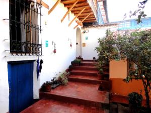 库斯科雷科莱塔公寓式酒店的一条带有蓝色门和一些植物的楼梯
