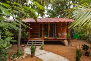 埃斯孔迪多港Casona H的花园中带长凳的小木房子