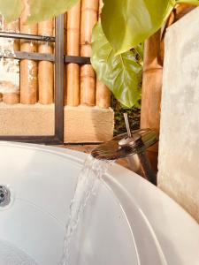 卡拉尔卡Ecohotel Alma的浴室水槽的水从水龙头流出