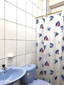 埃斯梅拉达斯Hotel Zulema Inn的一间带卫生间和淋浴帘的浴室