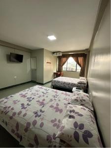 埃斯梅拉达斯Hotel Zulema Inn的酒店客房设有两张床和窗户。
