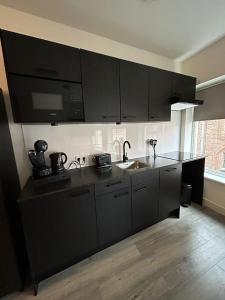 迪温特The Residence Deventer的厨房配有黑色橱柜和水槽
