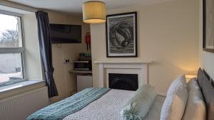 普林斯敦The Ramblers' Rest - Princetown的一间卧室设有壁炉、一张床和一台电视机。