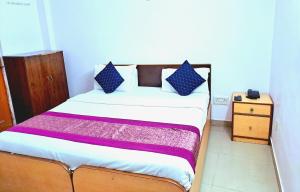 新德里Atlas Inn Guest House的一间卧室配有一张带蓝色和紫色枕头的床