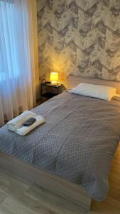 陶格夫匹尔斯Neiroprakse Mini Hotel的一间卧室设有一张带石墙的大床