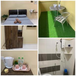 珍南海滩Maze Roomstay Langkawi的一张床铺和淋浴的浴室的照片拼在一起
