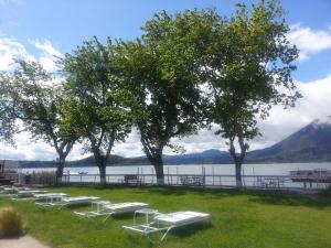 Glenhaven湖泊广场度假酒店的湖畔一排躺椅和树木