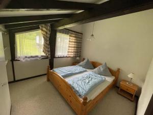 希格斯多夫Ferienwohnung Zirbelweg的一间卧室配有一张带蓝色床单的木床。