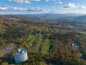 二世古北海道新雪谷希尔顿度假酒店的树林中建筑物的空中景观