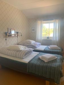 RolfstorpÅkulla Outdoor Resort的带窗户的客房内设有两张单人床。