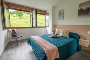奥维多Apartamentos Spa Las Caldas y Spa El Balneario的一间卧室配有一张带蓝色毯子的床和窗户。