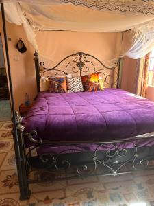 MaralalLoresho cottages的一张带紫色棉被和天篷的床