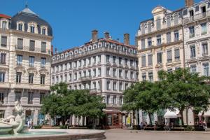 里昂里昂中心美术学院美居酒店的一群大型建筑,前面有一个喷泉