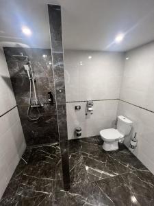 胡门内Penzion u Tučňaka的浴室设有卫生间和带玻璃门的淋浴。
