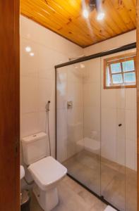 蒙特韦尔迪Pousada Canto da Nascente的一间带卫生间和玻璃淋浴间的浴室