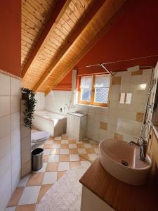 安德纳赫Deti's Ferienwohnung的一间带水槽、浴缸和卫生间的浴室
