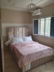 雅温得MediSweet Apartments Meublés的一间卧室配有一张带粉红色棉被的大床