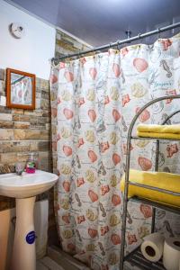 塔马林多CAPRICHOS Rooms的浴室配有淋浴帘和盥洗盆。