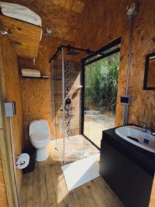 里奥内格罗Caralsol Glamping的带淋浴、卫生间和盥洗盆的浴室