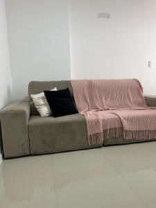 伊塔佩马Apartamento à 380m do Mar的一张沙发,上面有两个枕头