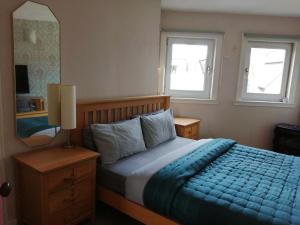 格拉斯哥Aigas的一间卧室配有一张蓝色棉被和两个窗户。