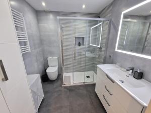 贝纳尔马德纳Emerald Apartment - Spacious Modern 2 Bedroom的带淋浴、卫生间和盥洗盆的浴室