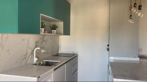 Casa da Ilha Granjal Treixedo的一个带水槽和绿色橱柜的厨房