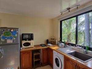 MahinaFare alizés的厨房配有冰箱、水槽和窗户。