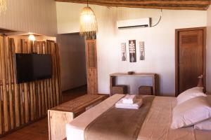 阿廷斯Rancharia Charme Beach - Pé na Areia的一间卧室配有一张床和一台电视