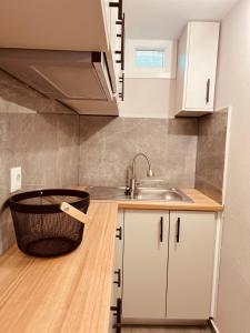 雅典Cactus Luxury suite1的厨房配有水槽和柜台上的篮子