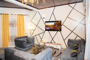 雅温得Hypo Guest Lounge的客厅配有2张沙发和1台平面电视