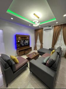 拉各斯Melford Homes的客厅配有2张沙发和1台平面电视
