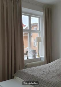 舍夫德Centrum lägenhet的一间卧室设有窗户、一张床和一盏灯