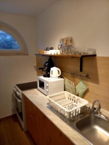 蒂萨菲赖德Idill Apartmanház B&B的厨房柜台设有水槽和微波炉