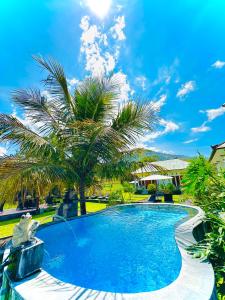 金塔马尼巴图尔火山旅馆的一座房子前面的游泳池,上面有棕榈树