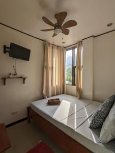 爱妮岛德瓦恩酒店的一间卧室配有一张带吊扇和窗户的床。