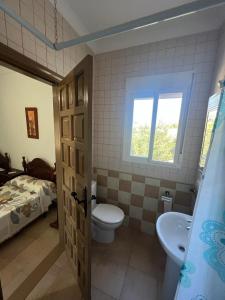 Cuevas del BecerroAlojamiento rural Huerta Mandre的一间带卫生间的浴室、一张床和一个窗户。
