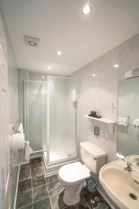 兰迪德诺Can-Y-Bae Hotel的带淋浴、卫生间和盥洗盆的浴室