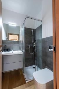 莱克斯Putzprinz Gujan Apartment Rebecca的带淋浴、卫生间和盥洗盆的浴室