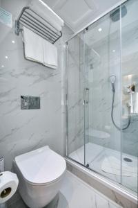 伦敦Queens Park Premier London Hyde Park的带淋浴和卫生间的白色浴室