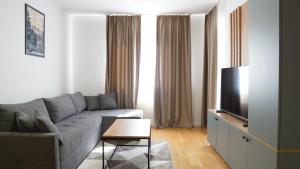 亚霍里纳Snjezna Dolina Resort - Jahorina的客厅配有灰色的沙发和电视