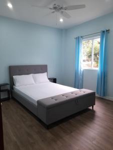昂斯拉雷区Serenity Seaview Suite的一间卧室配有一张蓝色墙壁的床和一扇窗户