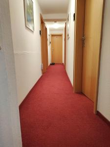 福尔巴赫Pension Forelle的大楼里长长的走廊,有红地毯