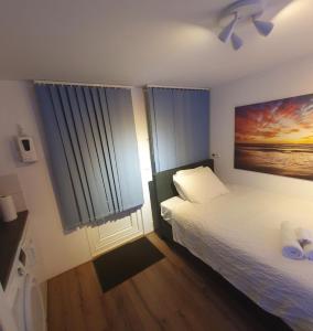 海牙Cozy Garden House kijkduin Beach的卧室配有一张床,墙上挂有绘画作品