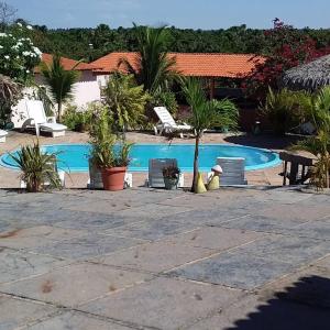 巴雷里尼亚斯pousada chykos的一个带游泳池、椅子和棕榈树的度假村